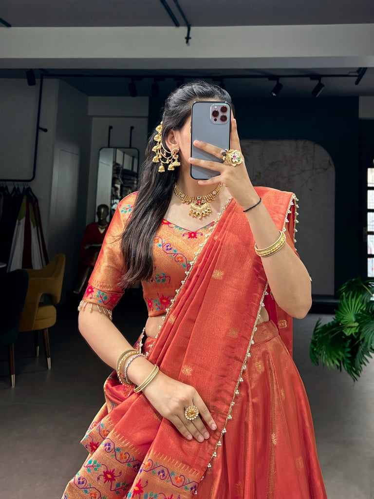 Dark Peach Shimmer Zari Weaving Lehenga ClothsVilla