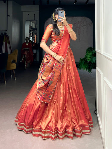 Dark Peach Shimmer Zari Weaving Lehenga ClothsVilla