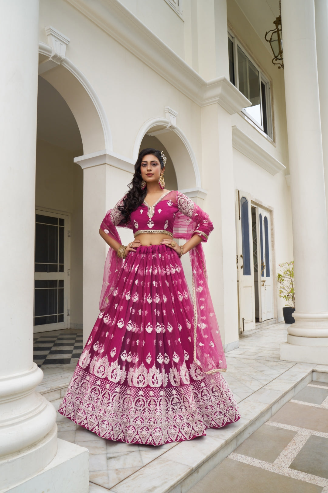 Dark Pink Butterfly Net Lehenga with White Thread and Sequin Embroidery Main image