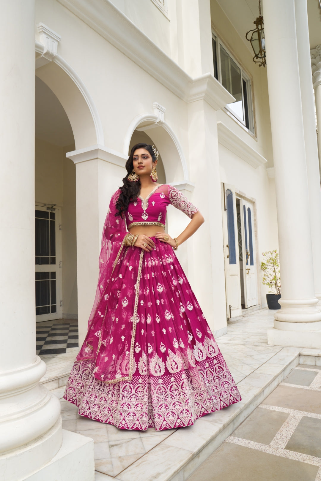 Dark Pink Butterfly Net Lehenga with White Thread and Sequin Embroidery