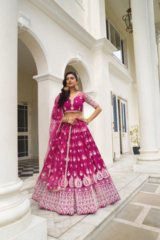 Dark Pink Butterfly Net Lehenga with White Thread and Sequin Embroidery