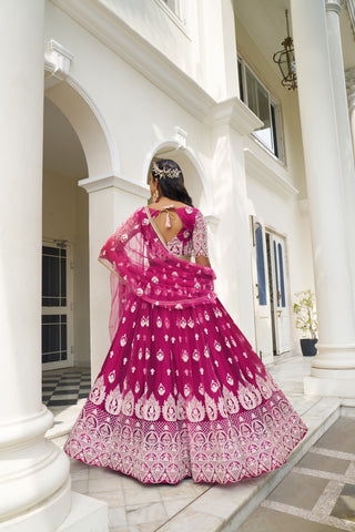 Dark Pink Butterfly Net Lehenga with White Thread and Sequin Embroidery