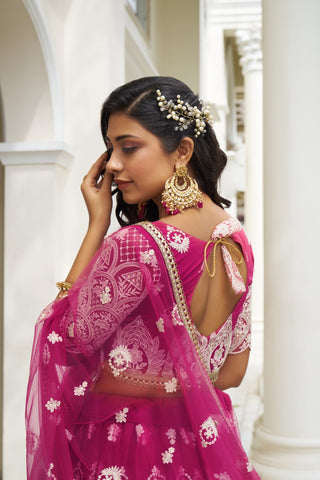 Dark Pink Butterfly Net Lehenga with White Thread and Sequin Embroidery