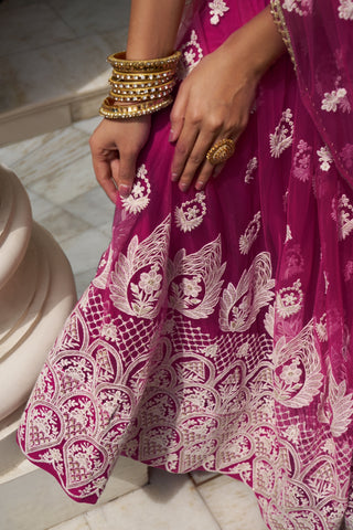 Dark Pink Butterfly Net Lehenga with White Thread and Sequin Embroidery