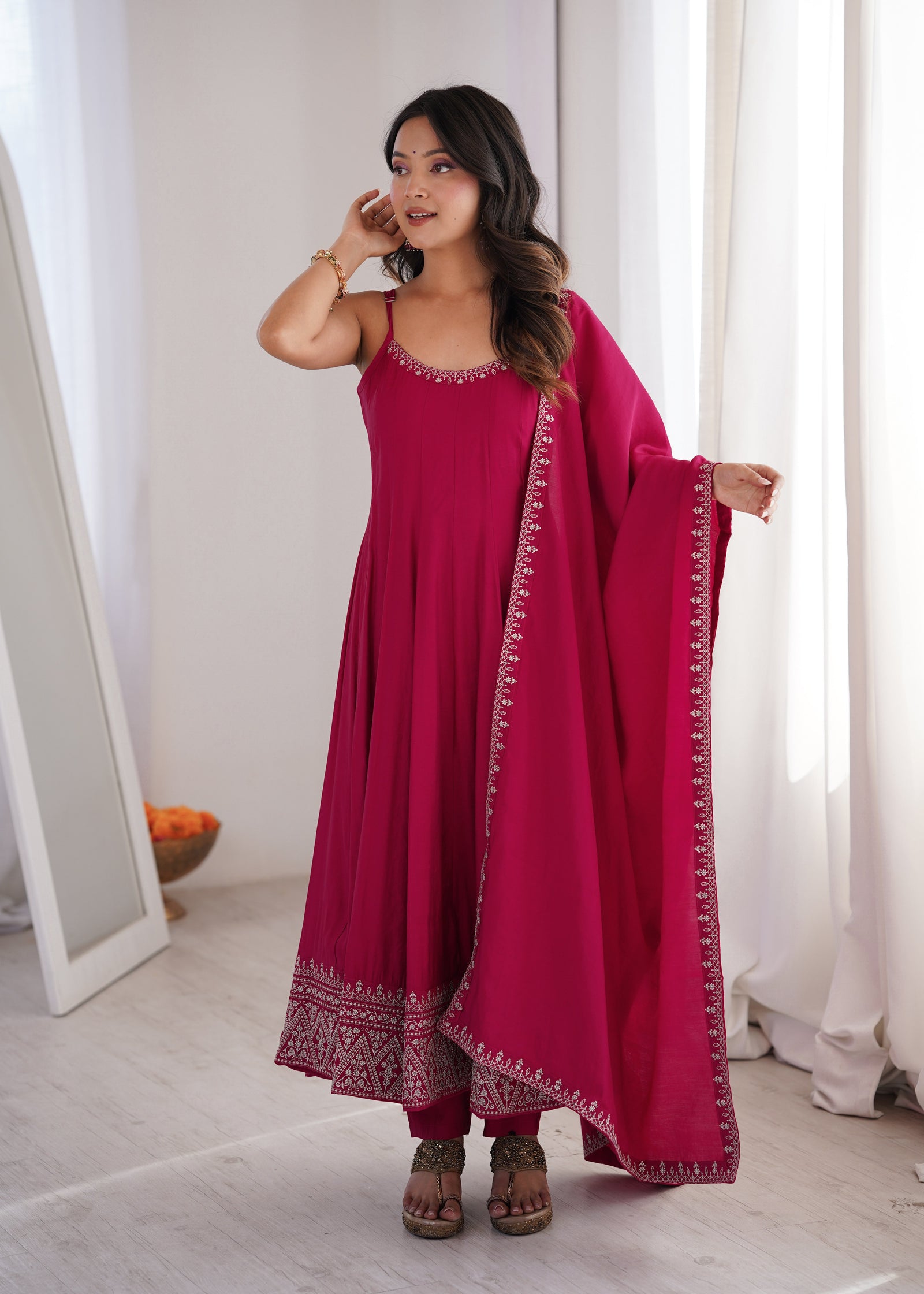 Dark Pink Chanderi Anarkali Gown ClothsVilla