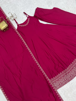Dark Pink Chanderi Anarkali Gown ClothsVilla