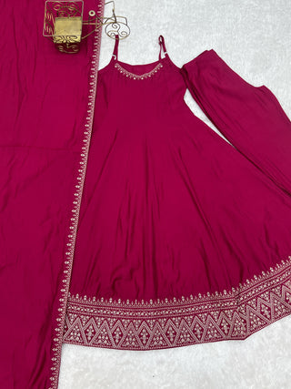 Dark Pink Chanderi Anarkali Gown ClothsVilla