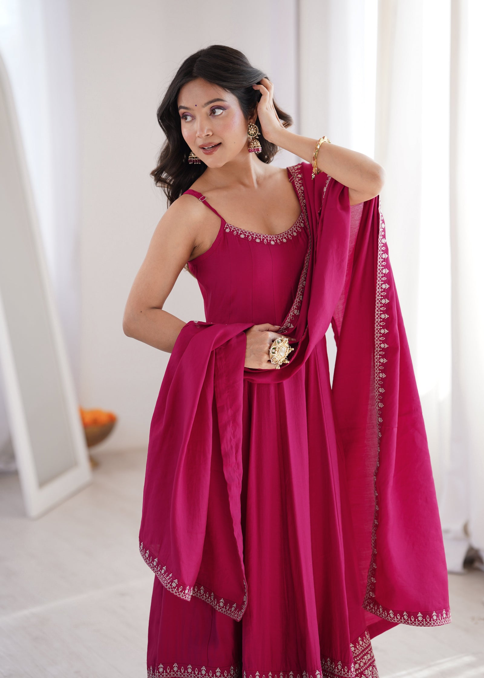Dark Pink Chanderi Anarkali Gown ClothsVilla