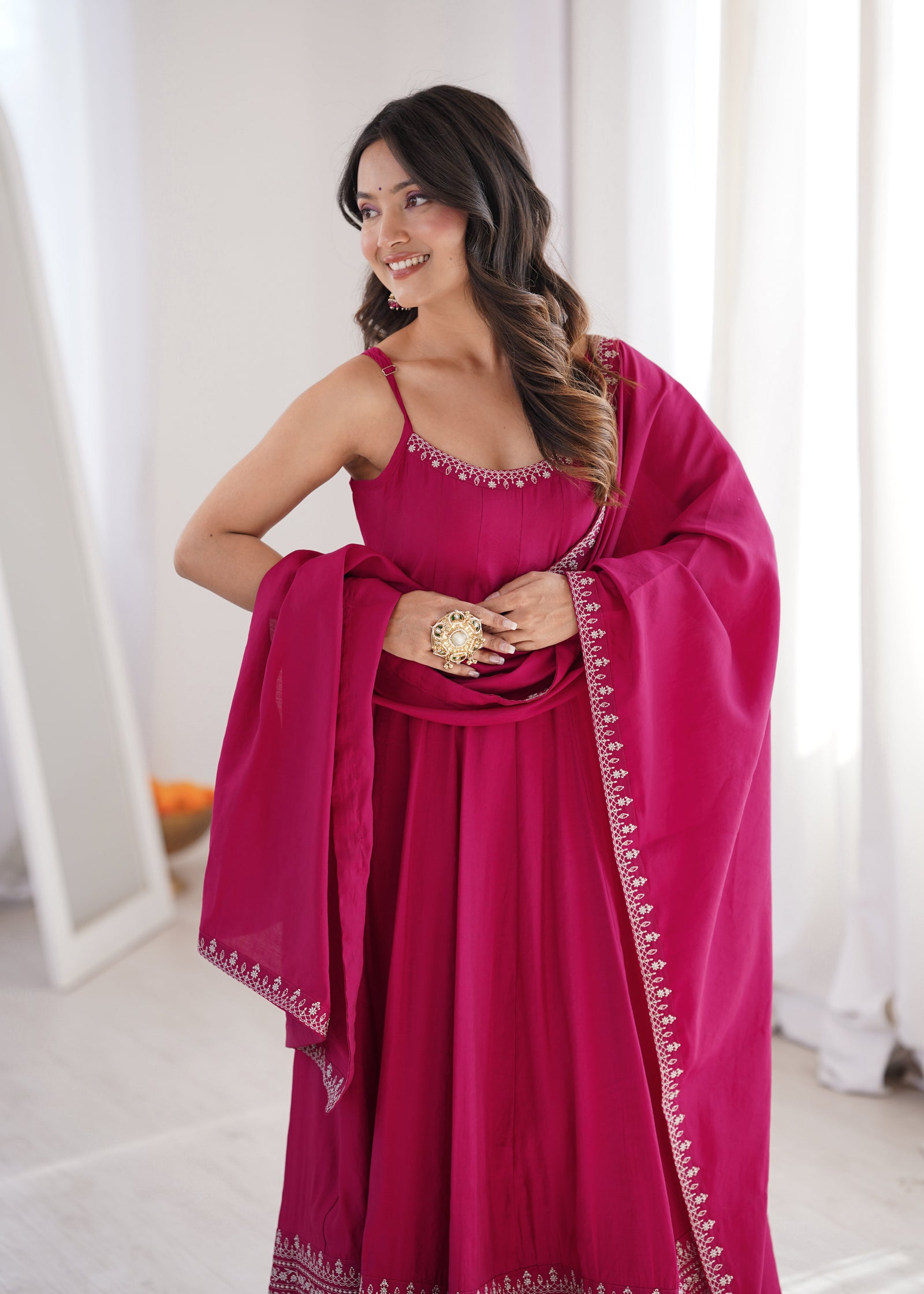 Dark Pink Chanderi Anarkali Gown ClothsVilla