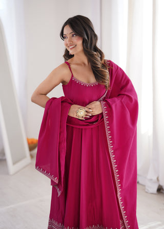 Dark Pink Chanderi Anarkali Gown ClothsVilla