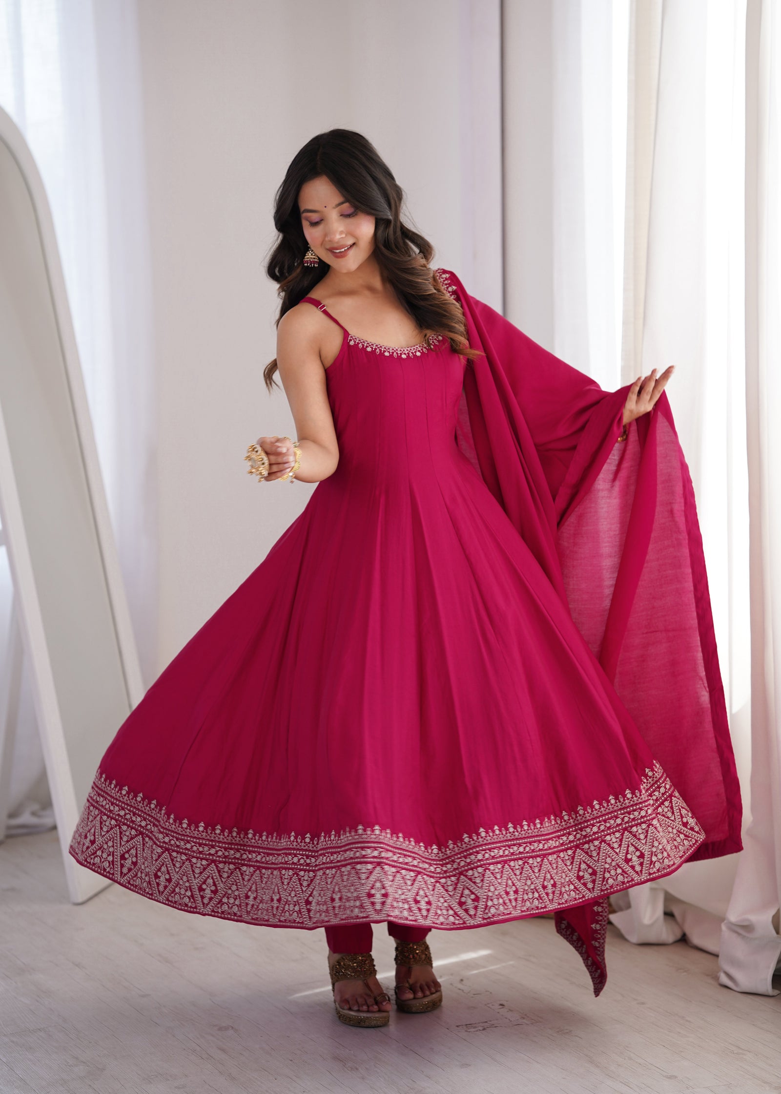 Dark Pink Chanderi Anarkali Gown ClothsVilla