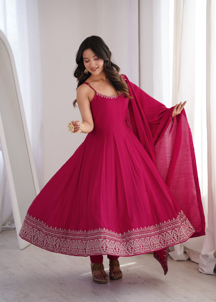 Dark Pink Chanderi Anarkali Gown ClothsVilla