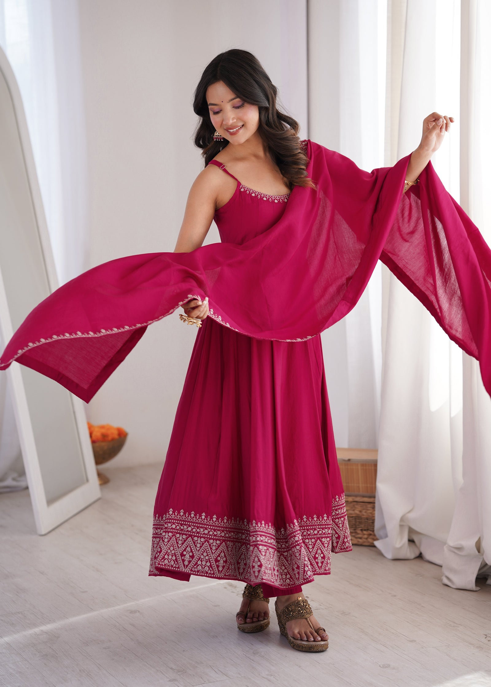 Dark Pink Chanderi Anarkali Gown ClothsVilla