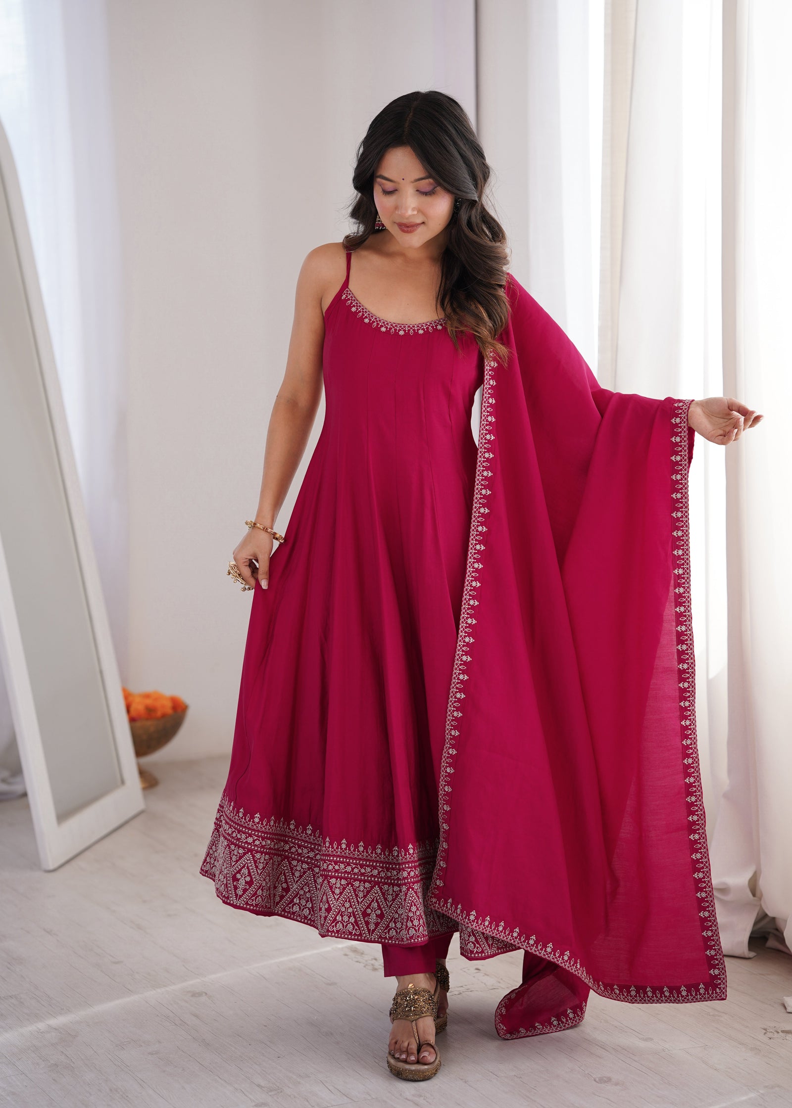 Dark Pink Chanderi Anarkali Gown ClothsVilla