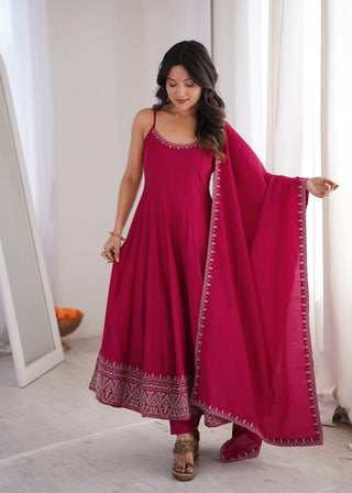 Dark Pink Chanderi Anarkali Gown ClothsVilla