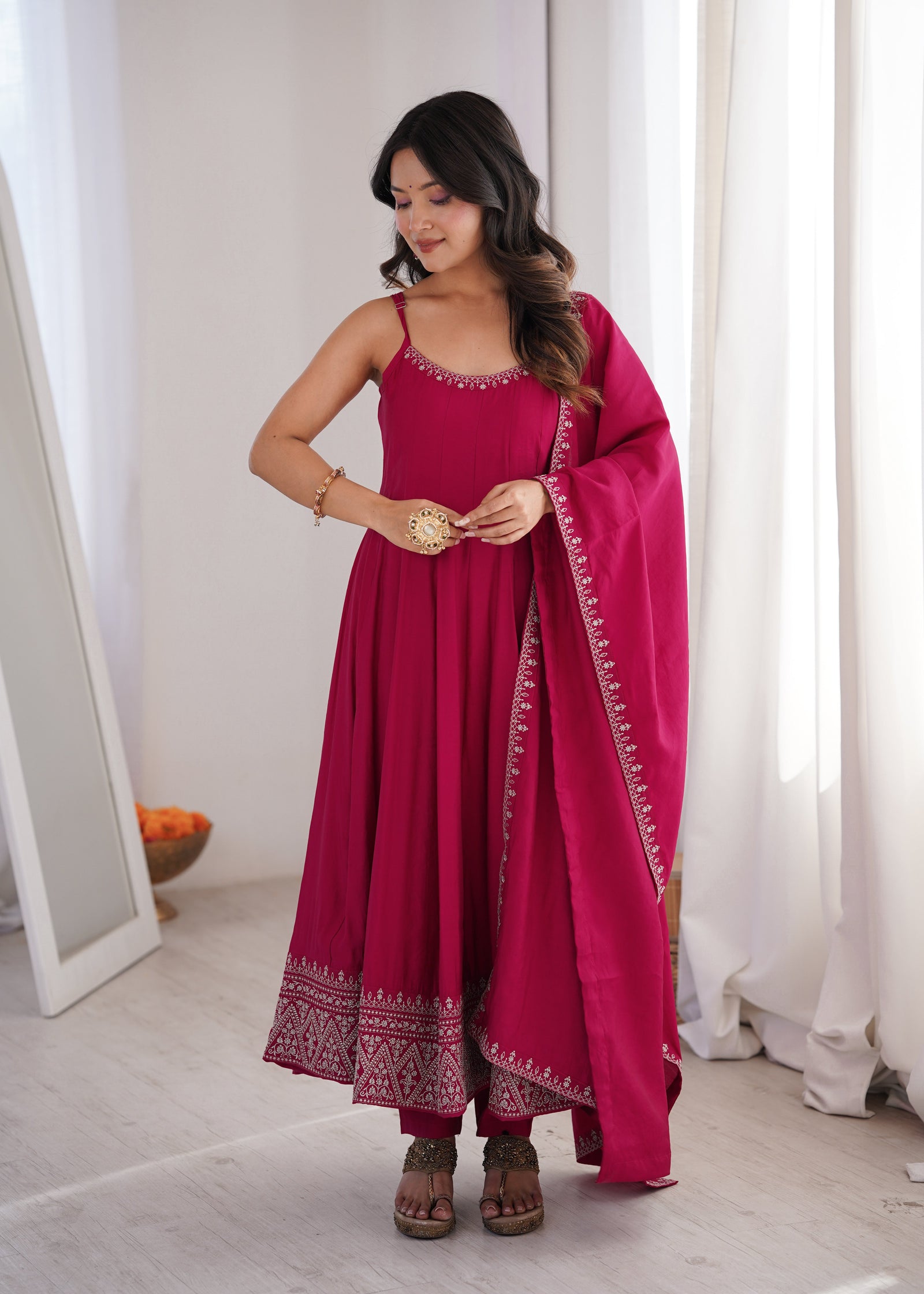 Dark Pink Chanderi Anarkali Gown ClothsVilla