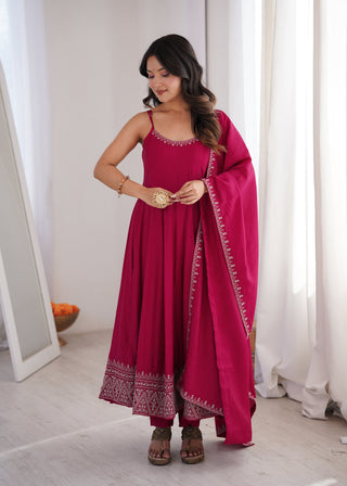 Dark Pink Chanderi Anarkali Gown ClothsVilla