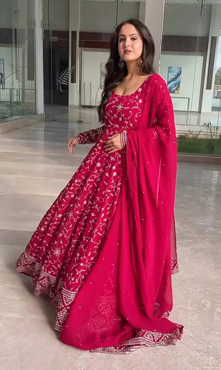 Dark Pink Designer Faux Blooming Anarkali Suit with Heavy 9mm Sequins & Thread Embroidery – Full Set with Pants & Dupatta ClothsVilla