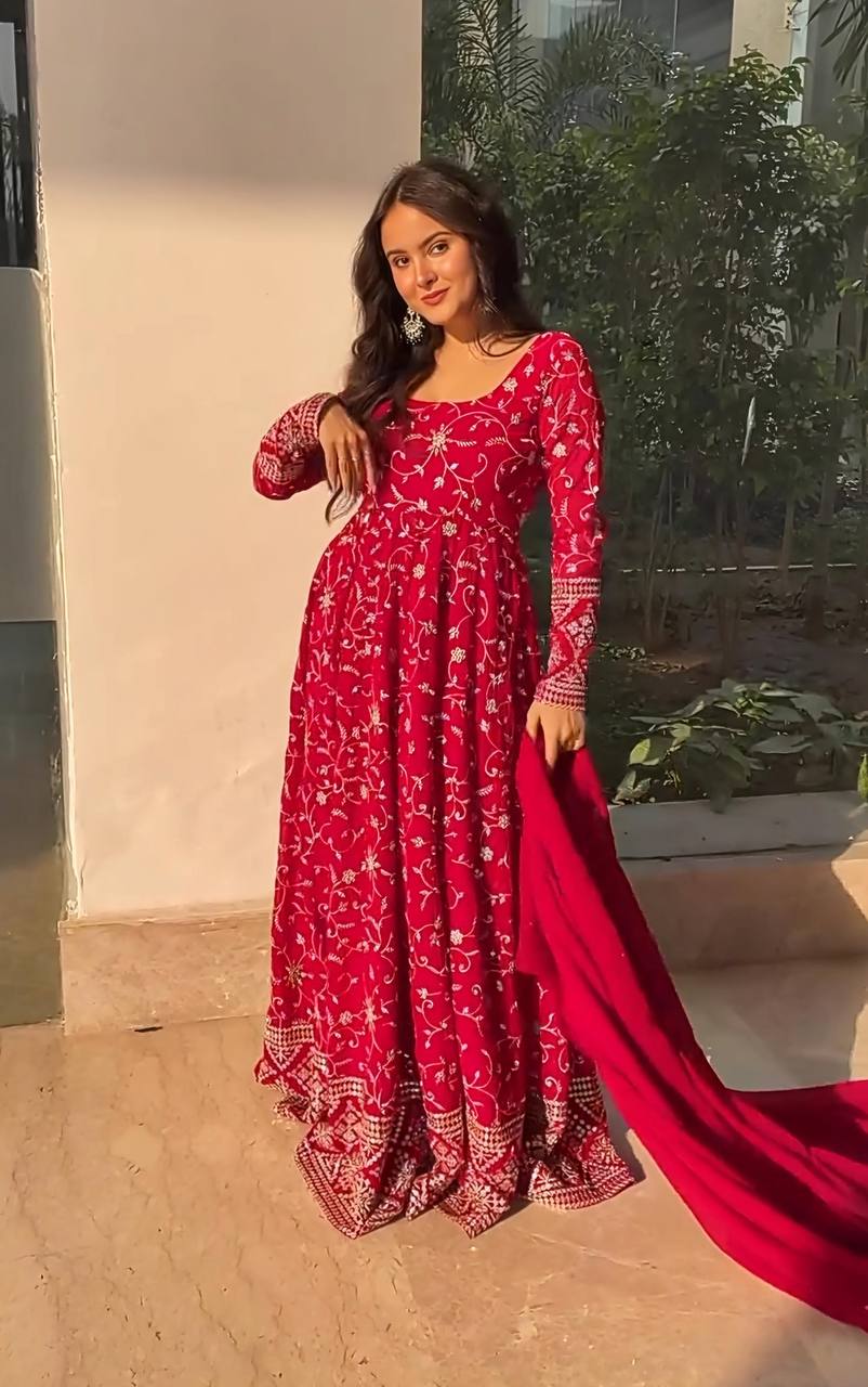 Dark Pink Designer Faux Blooming Anarkali Suit with Heavy 9mm Sequins & Thread Embroidery – Full Set with Pants & Dupatta ClothsVilla