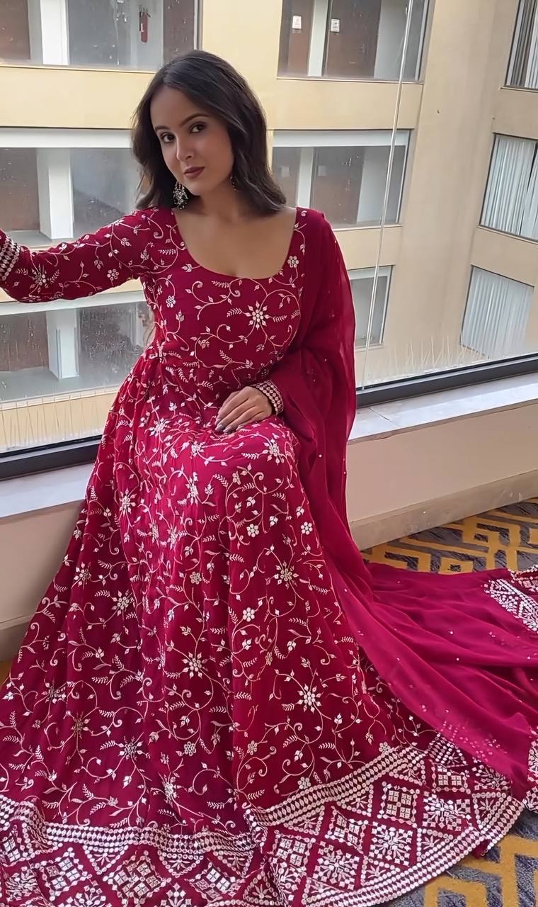 Dark Pink Designer Faux Blooming Anarkali Suit with Heavy 9mm Sequins & Thread Embroidery – Full Set with Pants & Dupatta ClothsVilla
