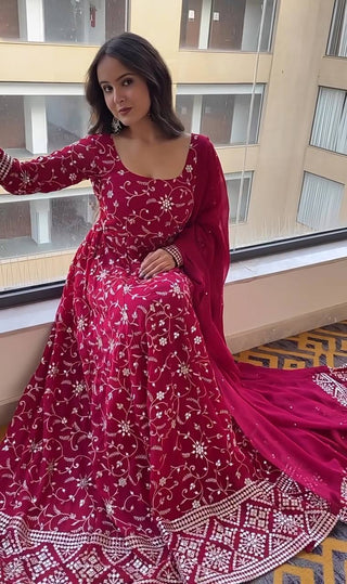 Dark Pink Designer Faux Blooming Anarkali Suit with Heavy 9mm Sequins & Thread Embroidery – Full Set with Pants & Dupatta ClothsVilla
