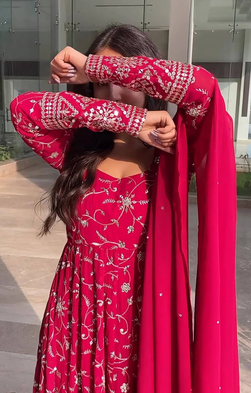 Dark Pink Designer Faux Blooming Anarkali Suit with Heavy 9mm Sequins & Thread Embroidery – Full Set with Pants & Dupatta ClothsVilla