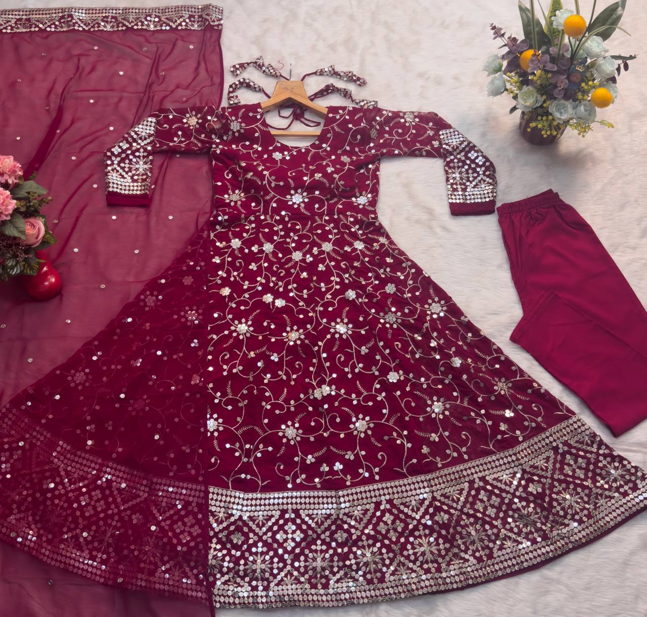 Dark Pink Designer Faux Blooming Anarkali Suit with Heavy 9mm Sequins & Thread Embroidery – Full Set with Pants & Dupatta ClothsVilla
