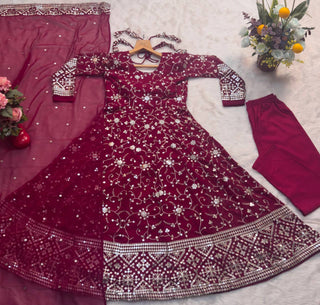 Dark Pink Designer Faux Blooming Anarkali Suit with Heavy 9mm Sequins & Thread Embroidery – Full Set with Pants & Dupatta ClothsVilla