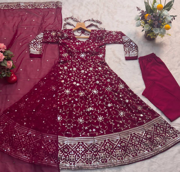 Dark Pink Designer Faux Blooming Anarkali Suit with Heavy 9mm Sequins & Thread Embroidery – Full Set with Pants & Dupatta ClothsVilla