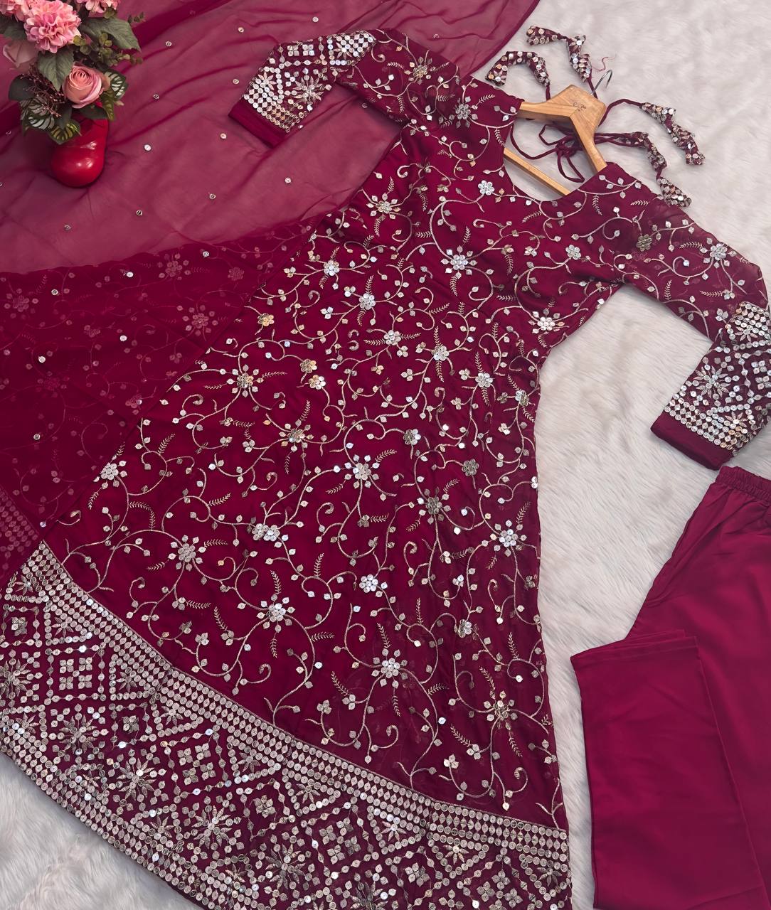 Dark Pink Designer Faux Blooming Anarkali Suit with Heavy 9mm Sequins & Thread Embroidery – Full Set with Pants & Dupatta ClothsVilla