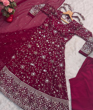 Dark Pink Designer Faux Blooming Anarkali Suit with Heavy 9mm Sequins & Thread Embroidery – Full Set with Pants & Dupatta ClothsVilla