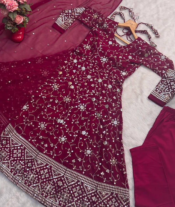 Dark Pink Designer Faux Blooming Anarkali Suit with Heavy 9mm Sequins & Thread Embroidery – Full Set with Pants & Dupatta ClothsVilla