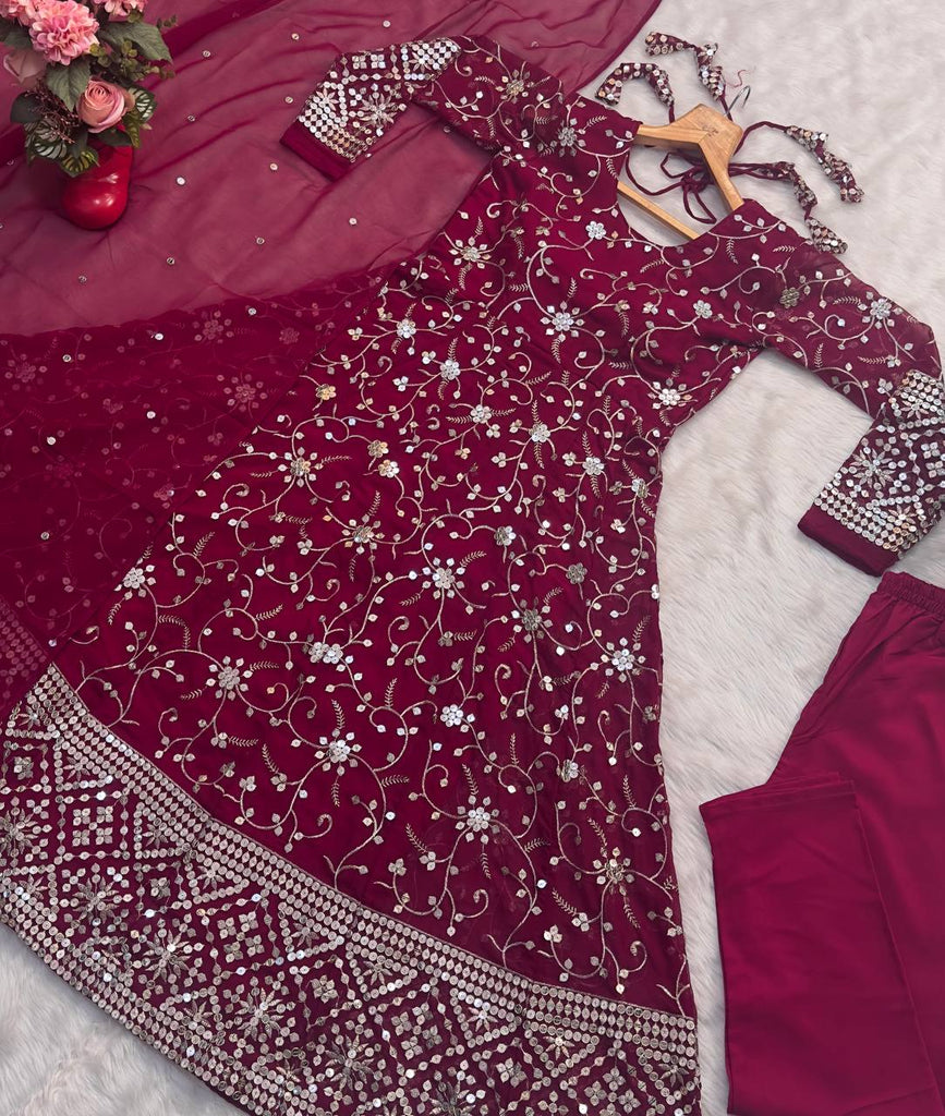 Dark Pink Designer Faux Blooming Anarkali Suit with Heavy 9mm Sequins & Thread Embroidery – Full Set with Pants & Dupatta ClothsVilla