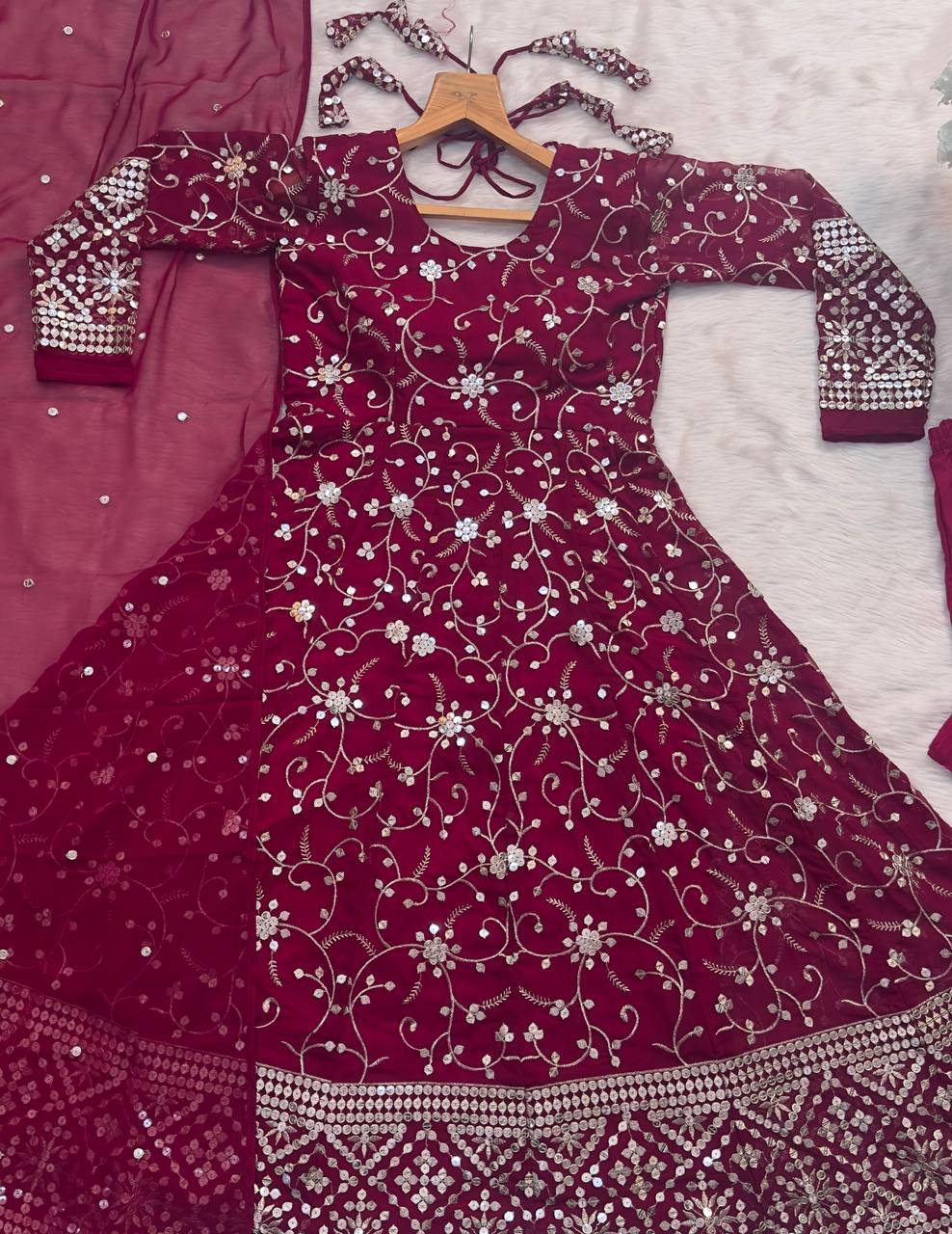 Dark Pink Designer Faux Blooming Anarkali Suit with Heavy 9mm Sequins & Thread Embroidery – Full Set with Pants & Dupatta ClothsVilla