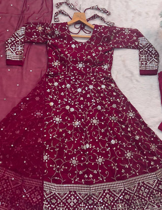 Dark Pink Designer Faux Blooming Anarkali Suit with Heavy 9mm Sequins & Thread Embroidery – Full Set with Pants & Dupatta ClothsVilla