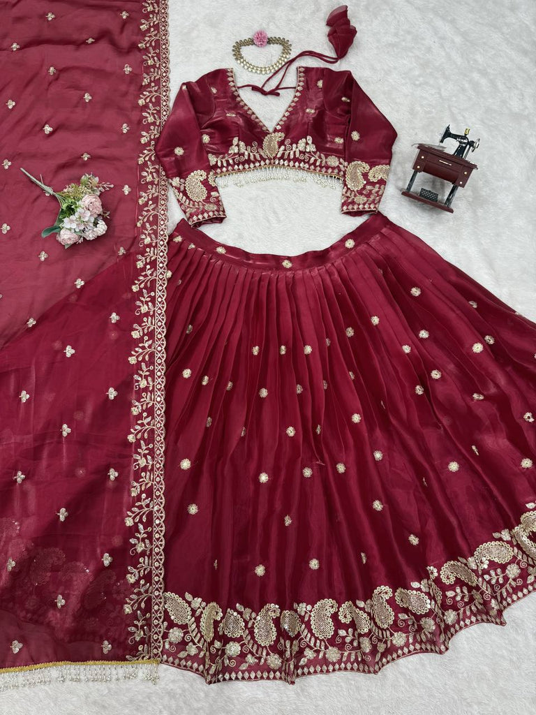 Dark Pink Designer Jimi Choo Lehenga Choli Set with Heavy 3mm & 9mm Sequin Embroidery – With Dupatta ClothsVilla