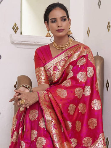Dark Pink Elegant Banarasi Satin Saree with Unstitched Blouse Piece ClothsVilla