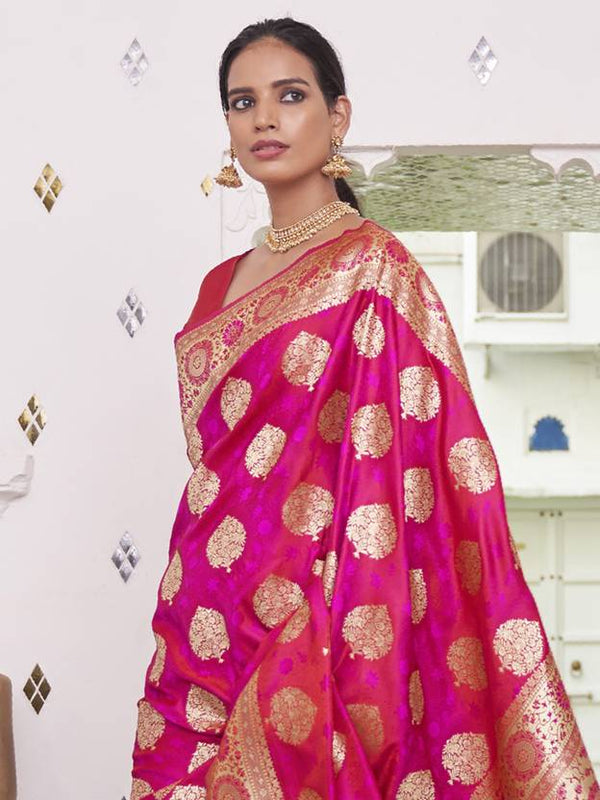 Dark Pink Elegant Banarasi Satin Saree with Unstitched Blouse Piece ClothsVilla