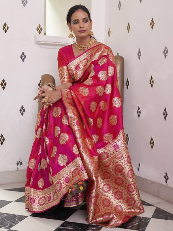 Dark Pink Elegant Banarasi Satin Saree with Unstitched Blouse Piece ClothsVilla