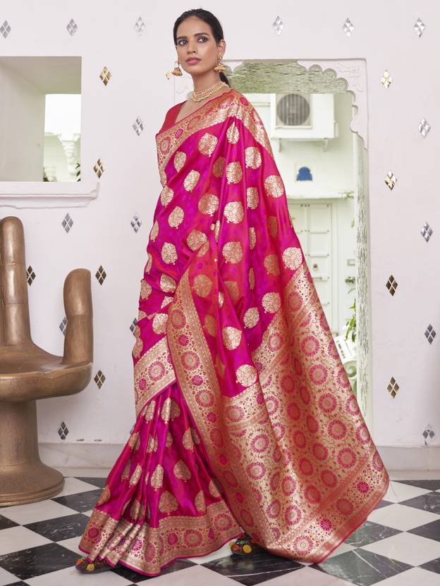 Dark Pink Elegant Banarasi Satin Saree with Unstitched Blouse Piece ClothsVilla Main image