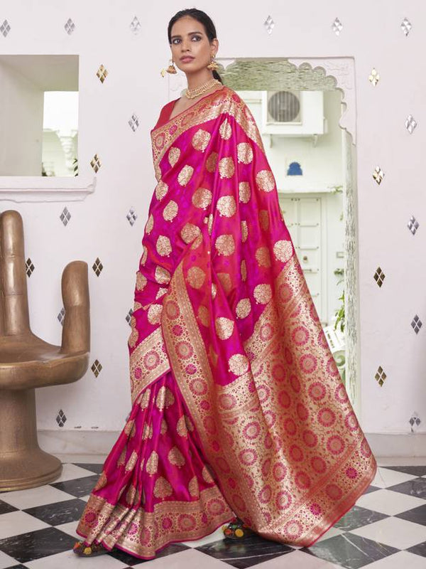 Dark Pink Elegant Banarasi Satin Saree with Unstitched Blouse Piece ClothsVilla