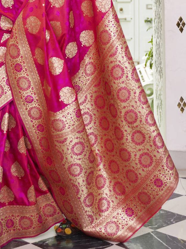 Dark Pink Elegant Banarasi Satin Saree with Unstitched Blouse Piece ClothsVilla