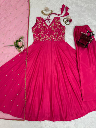 Dark Pink Elegant Chinon Silk Ensemble – Luxe Thread & Sequin Work ClothsVilla