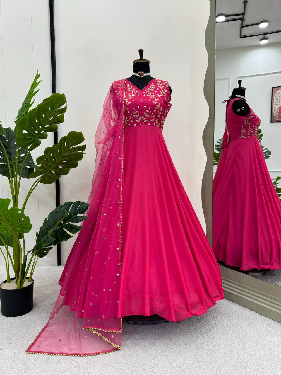 Dark Pink Elegant Chinon Silk Ensemble – Luxe Thread & Sequin Work ClothsVilla