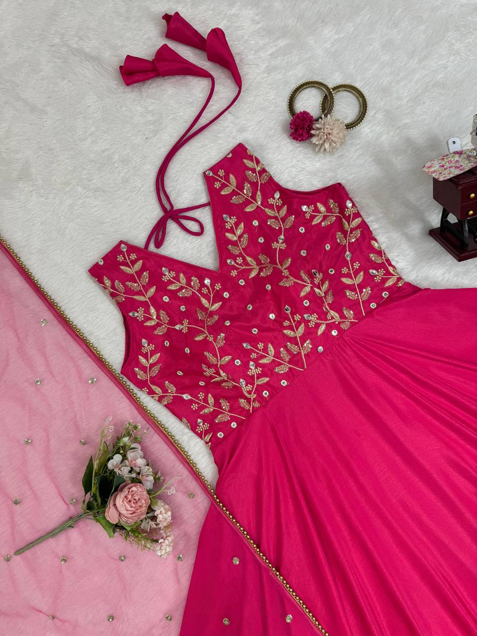 Dark Pink Elegant Chinon Silk Ensemble – Luxe Thread & Sequin Work ClothsVilla