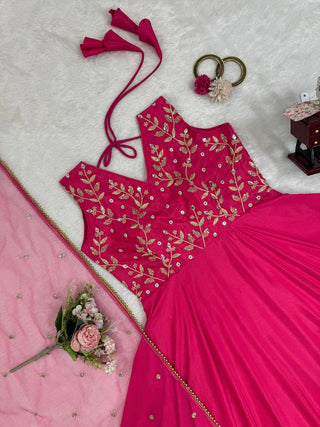 Dark Pink Elegant Chinon Silk Ensemble – Luxe Thread & Sequin Work ClothsVilla