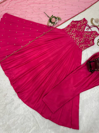 Dark Pink Elegant Chinon Silk Ensemble – Luxe Thread & Sequin Work ClothsVilla