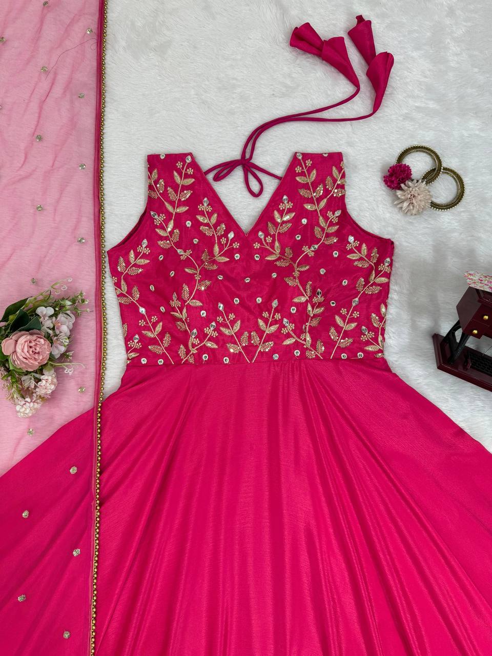 Dark Pink Elegant Chinon Silk Ensemble – Luxe Thread & Sequin Work ClothsVilla