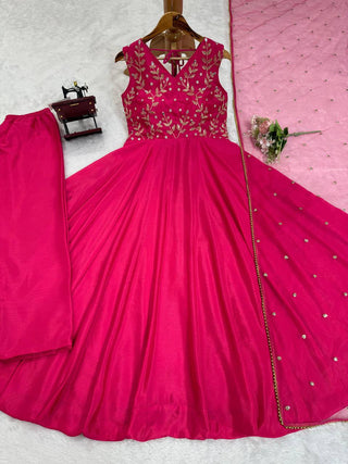 Dark Pink Elegant Chinon Silk Ensemble – Luxe Thread & Sequin Work ClothsVilla