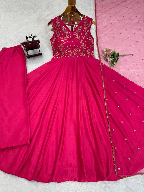 Dark Pink Elegant Chinon Silk Ensemble – Luxe Thread & Sequin Work ClothsVilla